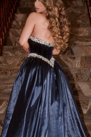 PS22041NAVY Navy Blue Formal Gown on Staircase