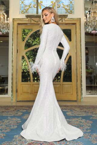 Ivory gown PS22074 with feathered sleeves