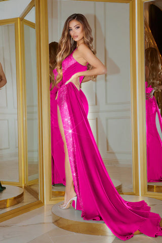 Hot pink PS22158 gown with high slit
