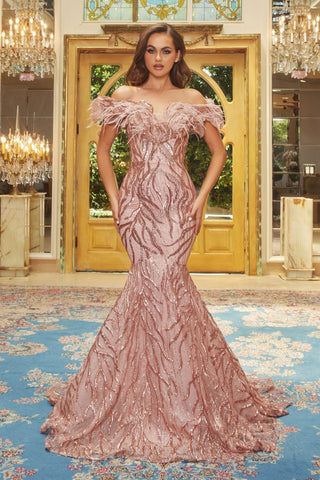 Rose gold off-shoulder feather gown