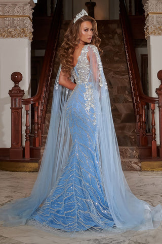 PS22257BLUESILVER gown with cape