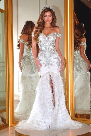 PS22341IVORY-1 Ivory Feathered Gown