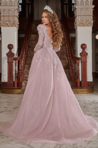 Pink PS22906PINK-4 gown with long sleeves and train