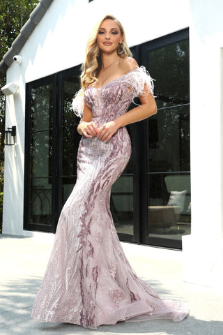 Mauve formal gown PS22914 with feathers
