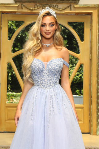 Powder blue prom dress with tiara