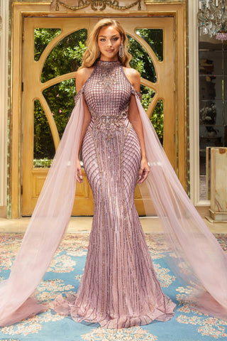 Mauve beaded gown with cape - PS22925MAUVEMULTI-1