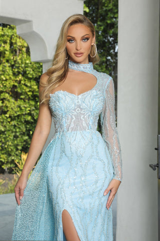 Elegant woman in PS22933POWERBLUE gown