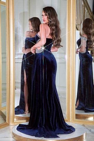 PS23030NAVY-2 Navy blue evening gown with embellished detail