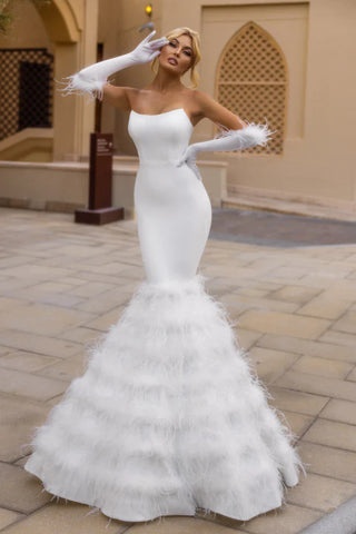 White mermaid gown with feather trim, PS23032WHITE
