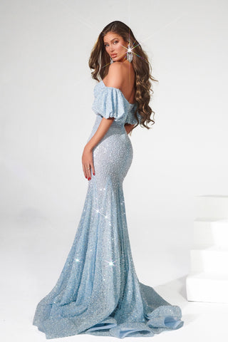 Off-shoulder light blue sequin gown