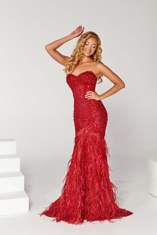 Red strapless feather gown PS23263RED