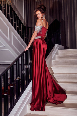 PS23366RED-1_1 Red formal gown on stairs