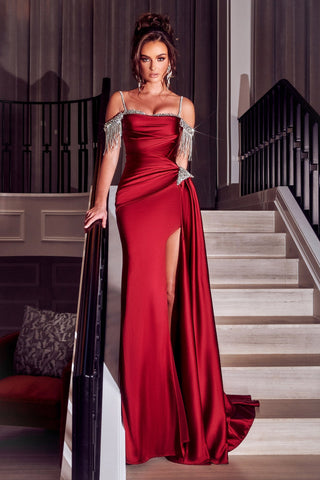 Red formal dress PS23366RED_1 with high slit
