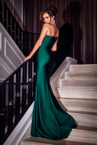 Emerald green gown on stairs