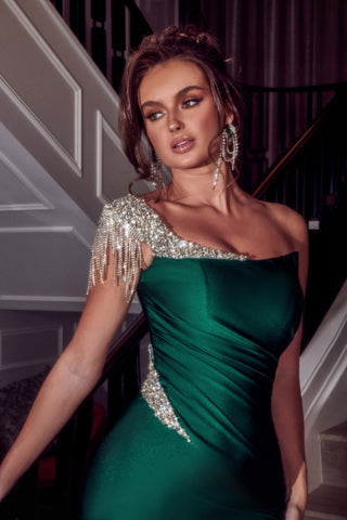 Emerald green one-shoulder gown with rhinestone detail PS23389