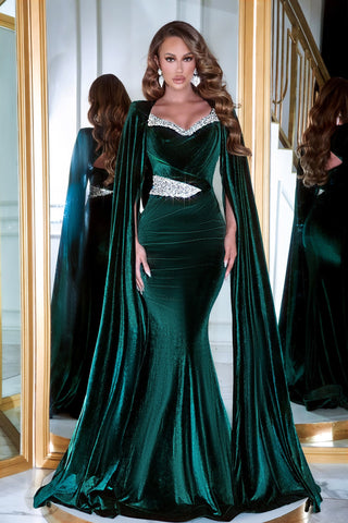 Emerald velvet gown with cape