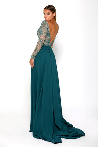 Teal evening gown with long sleeves and open back