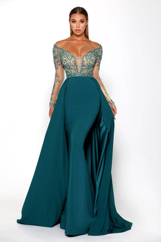 Teal evening gown PS2368_3 with beaded bodice and train