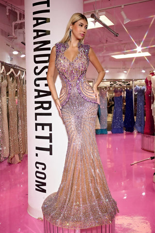 Silver and purple embellished gown, PS23744