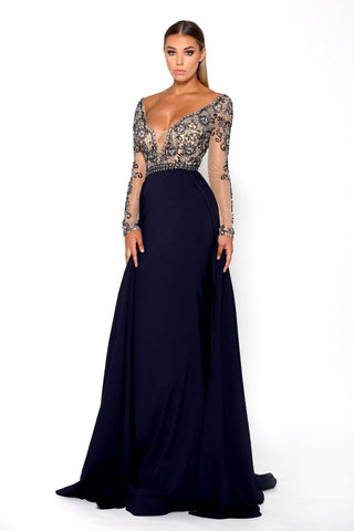 Elegant navy evening gown with embellished bodice