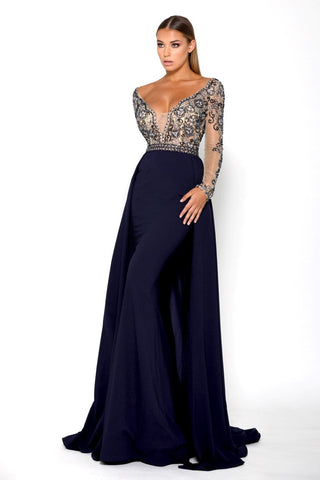 Navy evening gown with beaded bodice and long train.