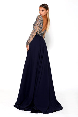 Long-sleeved navy gown with embellished bodice