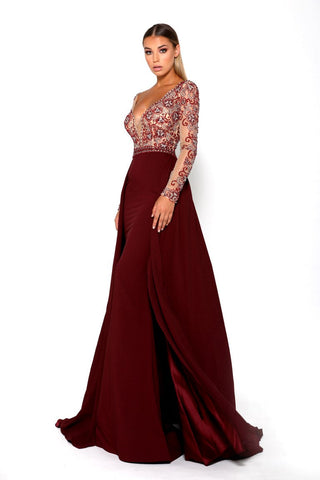 Burgundy formal gown with embellished bodice