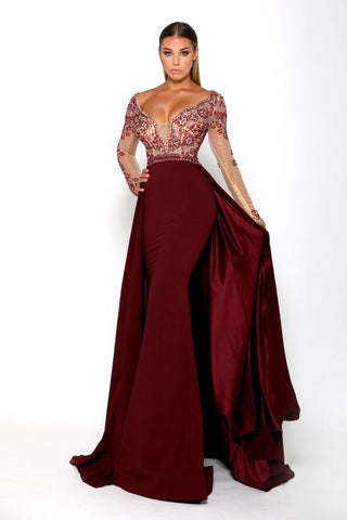 Burgundy formal gown with embellished bodice