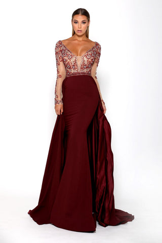 Burgundy formal gown with long sleeves