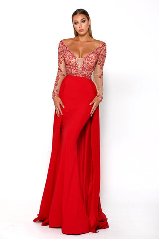 PS2389 red formal gown with embellished bodice
