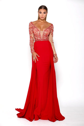 PS2389 Red Formal Gown with Beaded Bodice