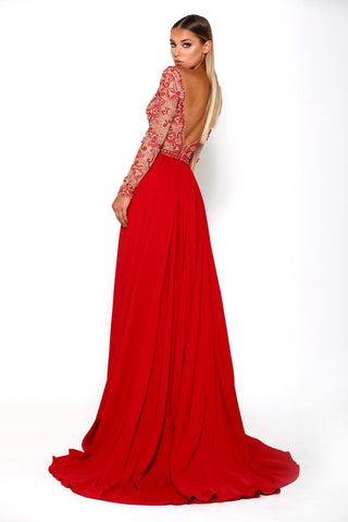 PS2389 Red Evening Gown with Long Sleeves
