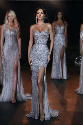 Silver evening gown with high slit