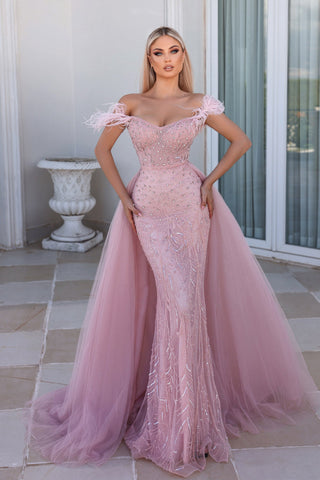 Pink off-shoulder gown with train - PS23961Pink_1