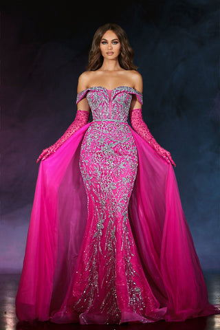 Off-shoulder formal gown with long train