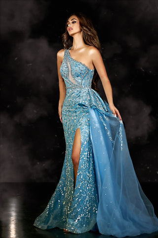 Blue one-shoulder formal gown with train