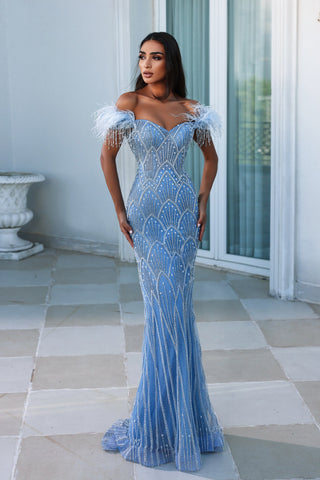Blue silver beaded off-shoulder gown PS23994