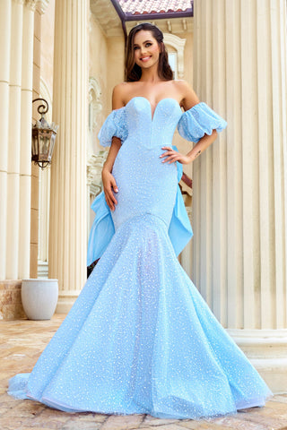 Blue off-shoulder formal gown PS24065