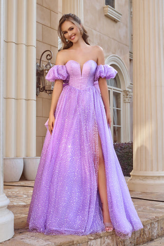 Lilac off-shoulder prom dress with high slit