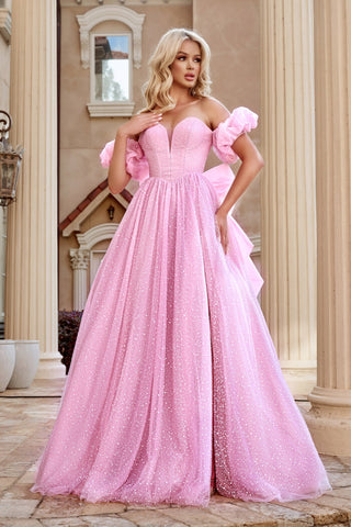 Pink off-the-shoulder gown, PS24066PINK