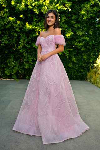 Pink off-shoulder gown PS24072