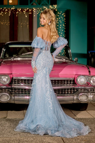 PS24144-BLUE-6 Blue Formal Gown with Puff Sleeves