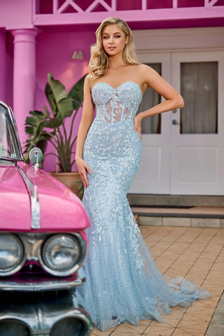 Blue strapless gown PS24144 with model and pink car.