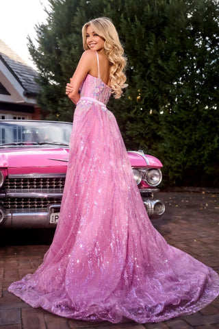 Pink prom dress with vintage car