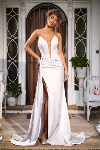 White formal gown PS24634 with high slit