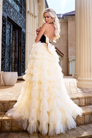 PS24681 Black & Cream Ruffled Gown