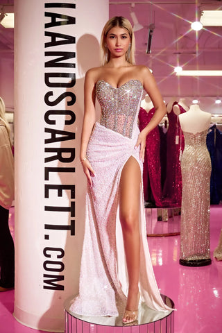 Silver and nude sequin gown on model