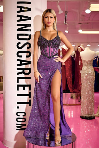 Purple sequin gown with high slit