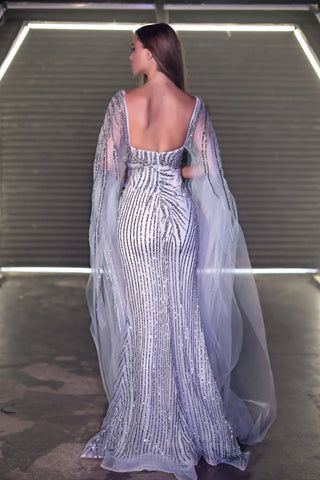 PS24931-SILVER formal gown with cape