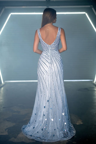 Silver sequin gown, back view.